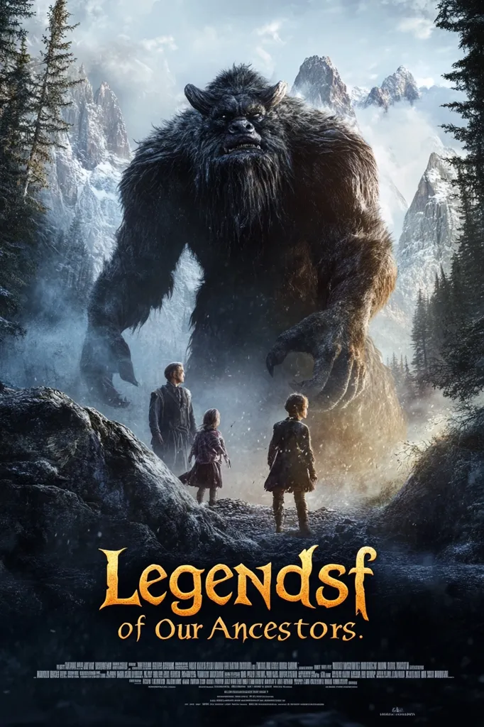 The image depicts a poster for the movie "Legends of Our Ancestors." A large, furry creature with horns and a menacing expression stands in front of three figures. The creature's size is emphasized by the figures, who look small in comparison. The background features a snowy mountain range and a forest, creating a sense of adventure and wonder. The title of the movie, "Legends of Our Ancestors," is displayed in a large, ornate font at the bottom of the poster.