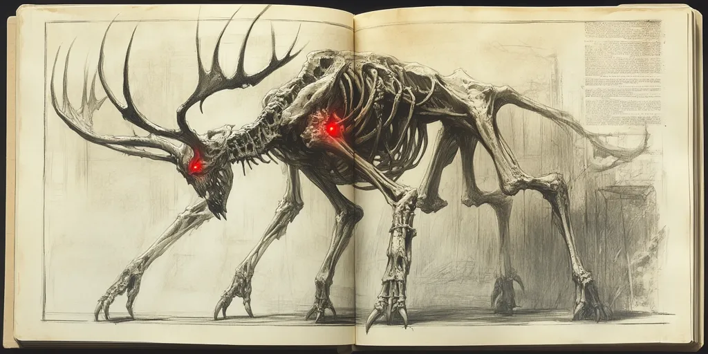 The image depicts a detailed pencil drawing of a skeletal deer-like creature. The creature has massive antlers and glowing red eyes, suggesting a menacing presence. The drawing is on an open book, adding a sense of mystery and ancient lore. The detailed anatomy and the creature's stance create a sense of power and danger. The background is a simple, light-toned page, highlighting the creature's form.
