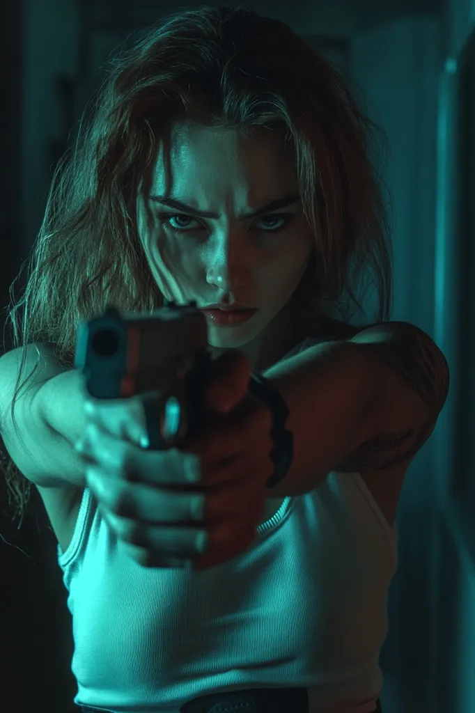 A young woman with long brown hair and intense eyes holds a gun in front of her,  a determined look on her face.  The scene is dimly lit, casting an ethereal blue glow on the woman and her weapon.  Her expression is serious, conveying a sense of focus and danger.  She wears a white tank top and a black belt, creating a contrast of light and shadow.  The image evokes a sense of mystery and intrigue, leaving the viewer to wonder about her story and the circumstances surrounding her.  The focus on the gun and her piercing gaze creates a powerful and unsettling visual.