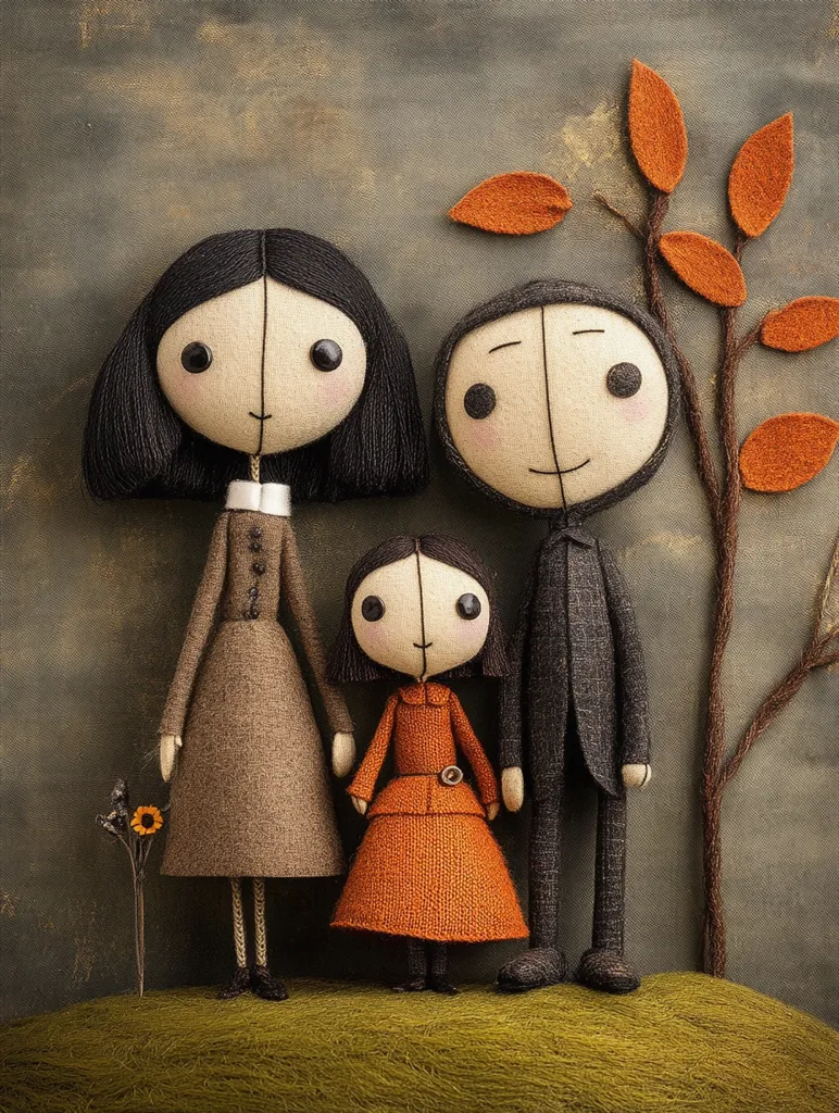 Three handmade dolls, a family, stand against a rustic background with a single, brown branch and orange felt leaves. The mother doll has long black hair, a brown dress, and black shoes. The father doll has a gray suit and black shoes. The daughter doll is wearing an orange dress and black shoes. Their large eyes and smiles give them a charming, whimsical look.