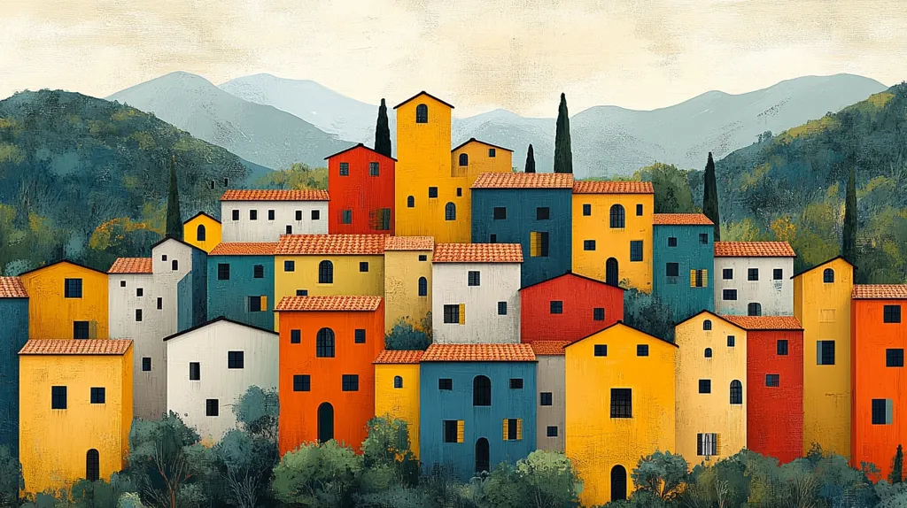 A charming village nestled among rolling hills. The houses are painted in a vibrant palette of yellow, orange, red, blue, and green, adding a splash of color to the landscape. Tall cypress trees stand sentinel, while lush greenery frames the scene. The houses have simple architecture, with windows and doors that beckon the viewer in. The overall impression is one of peace and tranquility, a place where life moves at a slower pace.