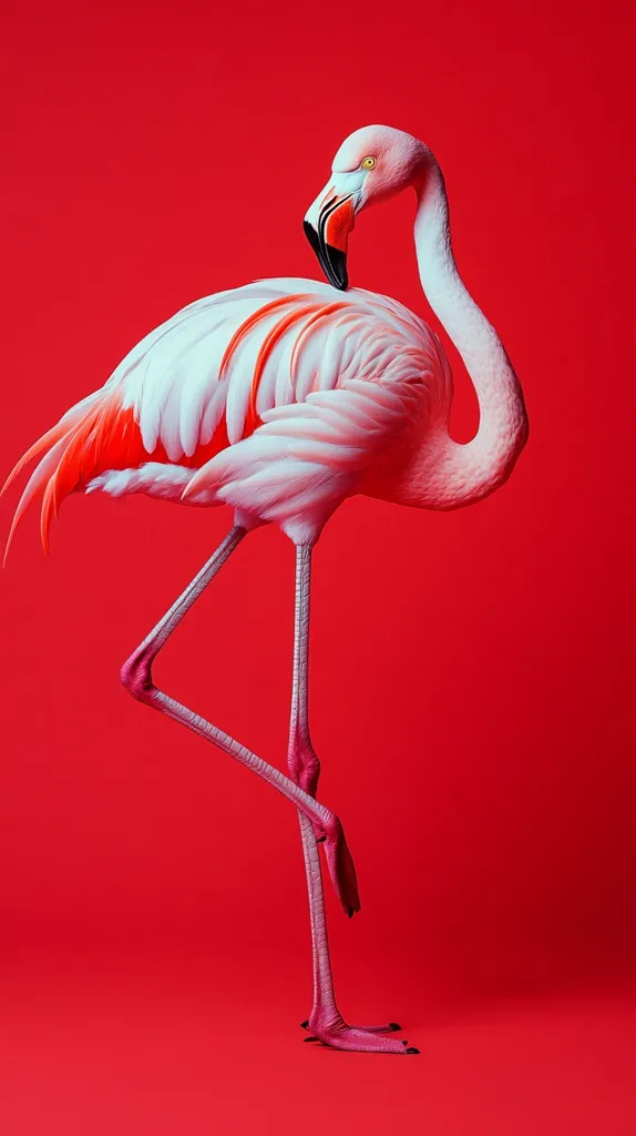 A single flamingo stands gracefully against a vibrant red backdrop. The bird's pink plumage contrasts beautifully with the background, creating a visually striking image. Its long, slender legs and elegant neck are highlighted, showcasing the flamingo's unique beauty. The red tips of its wings add a pop of color to the composition. The flamingo's pose is both relaxed and dignified, captivating the viewer with its simple yet elegant presence.