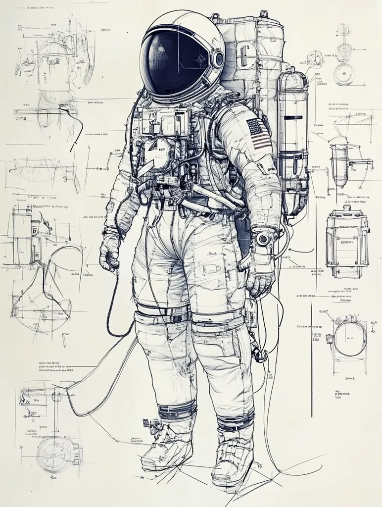 A detailed pen and ink illustration of an astronaut in a spacesuit with a backpack.  The astronaut is standing in a neutral pose with their arms at their sides.  The suit is intricately drawn with visible details of the helmet, gloves, and boots.  Technical diagrams and annotations are present throughout the drawing.  The overall effect is of a scientific illustration emphasizing the technical aspects of the astronaut’s equipment.