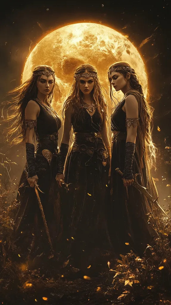 Three women, dressed in black, stand in a forest under a large full moon. Their long, flowing hair and dark eyes give them an ethereal look, their poses suggest strength and power. The light from the moon illuminates the scene, casting long shadows and highlighting the details of their attire, including intricate belts and jewelry. The scene is both beautiful and mysterious, evoking a sense of magic and the unknown.