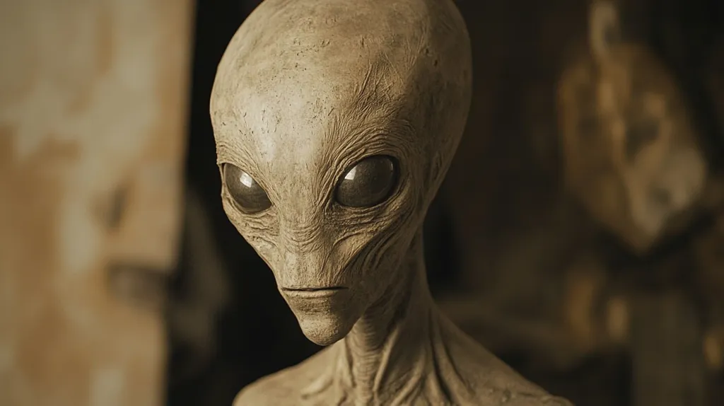 The image shows a close-up of an alien's face. It has large, almond-shaped eyes and a gray, wrinkled skin. The alien's expression is neutral, but its eyes seem to hold a sense of wisdom or knowledge. The background is out of focus, suggesting that the alien is the central focus of the image. The overall tone of the image is intriguing and somewhat unsettling, making the viewer wonder about the alien's intentions.
