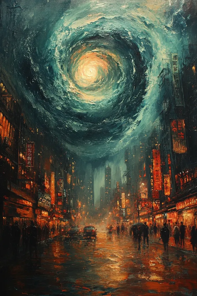 The painting depicts a city street at night, with a swirling vortex of clouds above. The buildings are tall and narrow, with brightly lit signs and windows. The street is wet and reflective, and there are people walking along the sidewalk. The overall mood of the painting is one of mystery and intrigue, with the vortex suggesting a sense of change or upheaval.