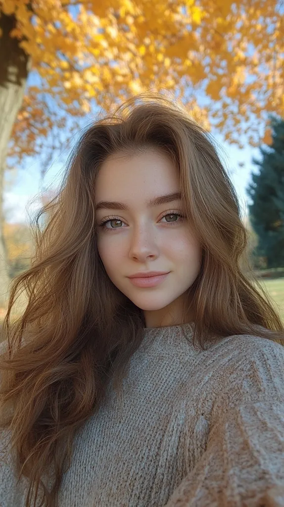 A young woman with long, brown hair smiles softly at the camera. Her warm brown eyes and fair skin stand out against the backdrop of golden autumn leaves that blur in the background. She is wearing a soft, beige knit sweater. The overall image is warm and inviting, with a sense of peace and tranquility.