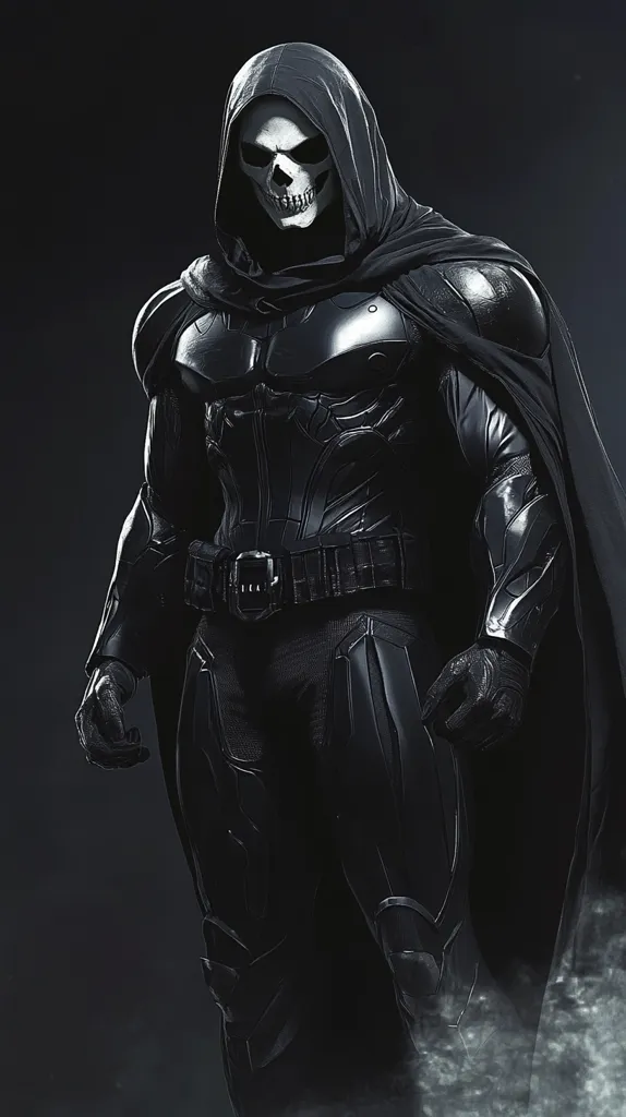 The image depicts a dark figure clad in a black, hooded cloak, armor, and gauntlets. The figure's face is hidden behind a white skull mask, only the eye sockets and teeth visible. The image is rendered in a dark, shadowy style, with the figure standing against a black background and enveloped in a faint mist. The figure’s stance and the overall dark atmosphere suggest a sense of mystery and danger.