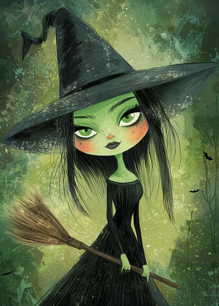 A stylized witch with green skin and large eyes stands in a forest setting. She wears a black dress and witch's hat, holding a broom in her gloved hands.  Her expression is serious, and the background is painted in shades of green and brown.  The image has a whimsical and cartoonish style.