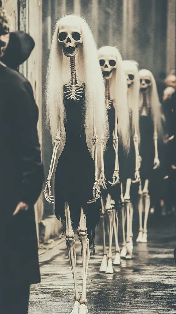 A line of skeletal figures with long white hair, dressed in black, walk down a deserted street. The figures are humanoid, with long, bony limbs and a hollow, ethereal gaze. The atmosphere is haunting and mysterious, with a sense of unease and the unknown.  A shadowy figure stands in the foreground, obscured by darkness, observing the procession.