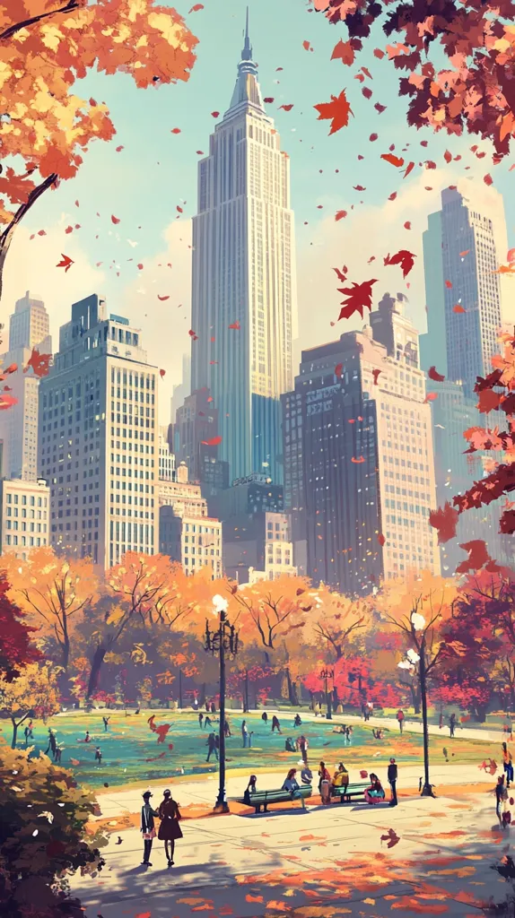 The image depicts a city park in autumn, with tall skyscrapers in the background. Falling leaves paint the air with hues of red and orange, while people stroll through the park, enjoying the vibrant colors. A towering skyscraper dominates the cityscape, its sharp edges contrasting with the gentle foliage below. The warm sunlight bathes the scene in a golden glow, creating a tranquil and picturesque atmosphere.  The image captures the beauty and serenity of a city park during autumn, showcasing the harmonious coexistence of nature and urban life.