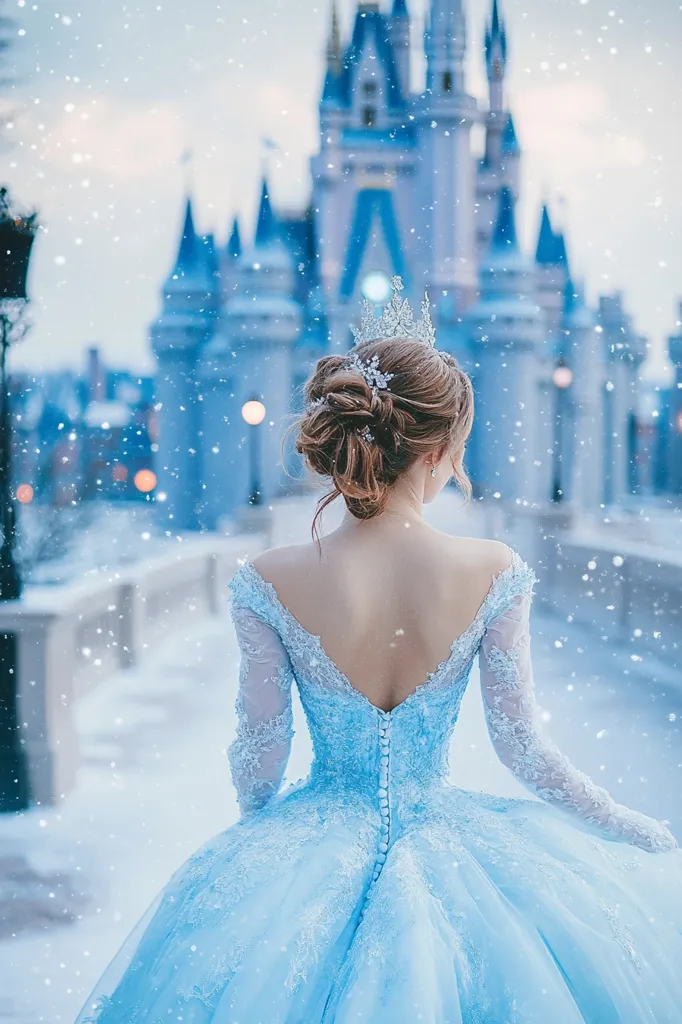 A woman wearing a light blue gown and a tiara walks towards the camera, her back to the viewer. Behind her is a fairytale castle, a snowy landscape, and a light snowfall. The image is likely a fantasy or fairy tale themed.