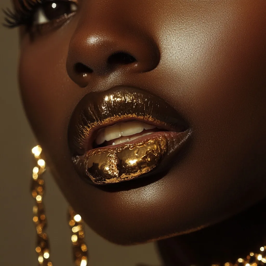 The image is a close-up of a woman's face, focusing on her lips. Her lips are painted with a shimmering, metallic gold. The golden hue of her lips contrasts with her dark skin tone, creating a striking visual effect. The lighting highlights the texture of the gold on her lips, giving the appearance of real gold leaf.  She is wearing large, golden hoop earrings, enhancing the overall theme of opulence and luxury.