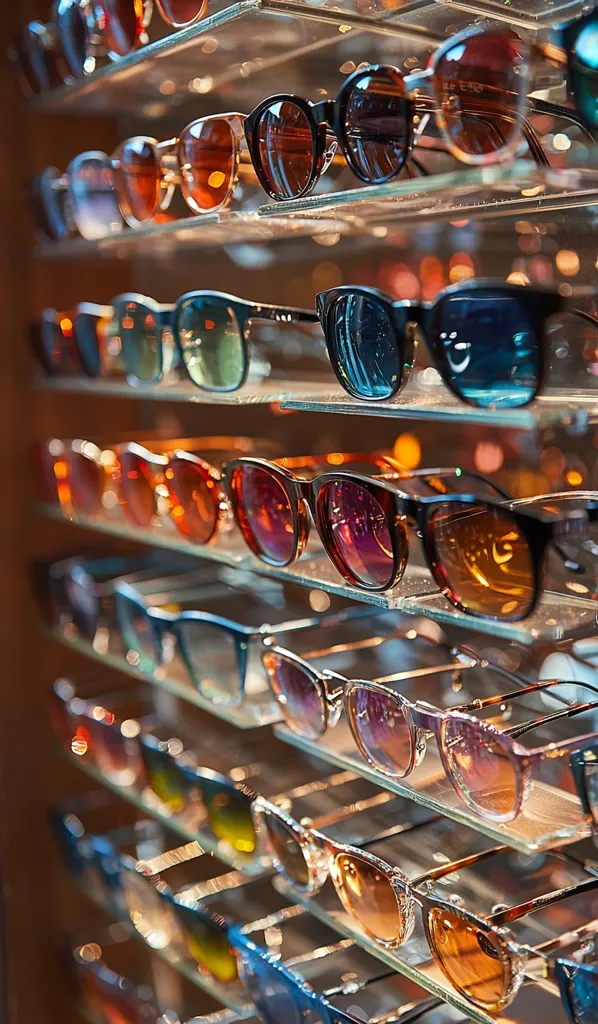 A display case filled with rows of sunglasses in various colors and styles, each with a unique lens shape and frame design. The sunglasses are arranged on shelves with a blurred background, creating a sense of depth and visual interest. The warm lighting casts a soft glow on the glasses, highlighting their details and reflecting in the shiny lenses.  The arrangement evokes a feeling of style and individuality, showcasing the diverse options available for those seeking the perfect pair of sunglasses.