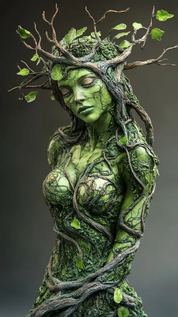 A sculpture of a woman, her body covered in vines and leaves, blending with nature. Her closed eyes and soft expression evoke a sense of tranquility and connection to the earth. The intricate detail of the branches and foliage create a realistic and ethereal feel.  The sculpture stands against a neutral background, highlighting the beauty of its natural form.  It is a captivating piece that symbolizes the interconnectedness of humanity and nature.