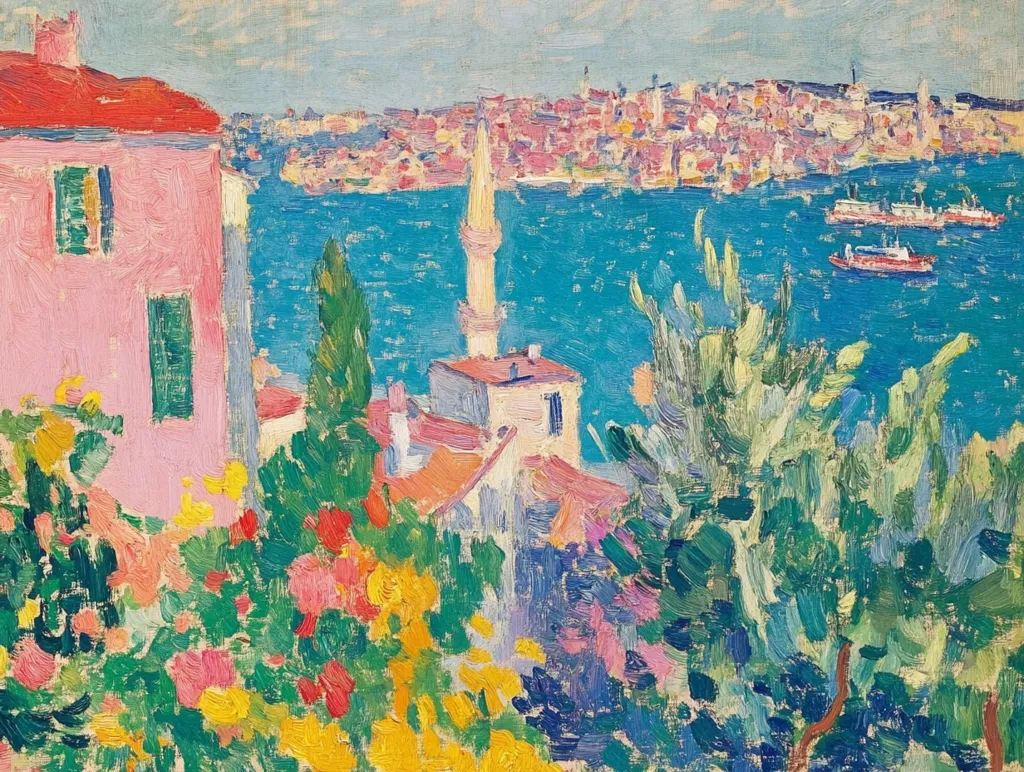 The painting depicts a vibrant scene with a pink house and a lush garden in the foreground. The house has green shutters and overlooks a vast expanse of blue water, likely a sea or a lake. In the distance, a city skyline is visible, with buildings in various shades of pink and white. The sky is a soft blue with hints of white clouds. The painting is characterized by bold brushstrokes, particularly in the foliage, which creates a sense of movement and depth. The use of color is bright and cheerful, evoking a sunny, summery atmosphere.