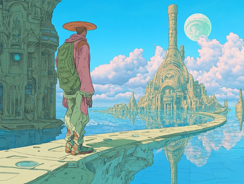 A lone figure in a wide-brimmed hat and a backpack stands on a stone path overlooking a vast expanse of water. The path leads towards a mysterious city with a tall, slender tower in the center. The city is reflected in the water, creating a surreal and dreamlike atmosphere. The sky is filled with fluffy white clouds and a large, round moon hangs in the sky. The image is filled with an air of wonder and mystery.