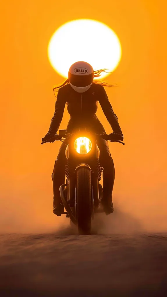 A lone motorcyclist rides into the setting sun, a bright orange glow illuminating the sky. The rider is silhouetted against the sun, wearing a helmet and leather jacket, with only their motorcycle's headlight and the sun shining brightly. The image is captured in a desert setting with sand flying off the motorcycle's wheels. The scene conveys a sense of freedom and adventure.