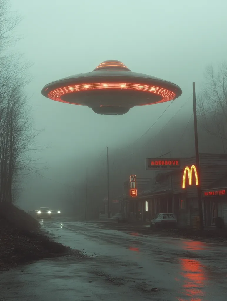 A glowing, red-rimmed UFO hovers over a deserted, foggy street. The street is lined with buildings, one of which is a McDonald's, with a neon "M" sign. A car drives down the empty street, creating a trail of light in the fog. The scene is eerie and unsettling.