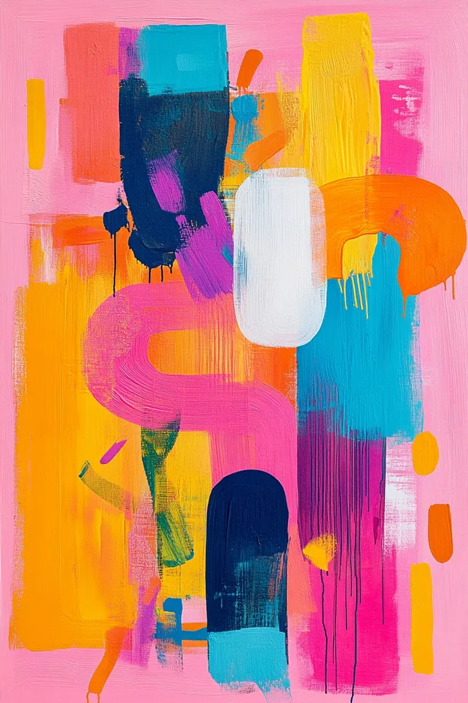 The abstract painting is a vibrant mix of bold colors, including pink, yellow, blue, and orange. The brushstrokes are thick and expressive, creating a sense of energy and movement.  The shapes are geometric and organic, forming a complex composition that draws the viewer's eye across the canvas.  A white oval shape stands out against the backdrop of bright colors, suggesting a sense of calm and contrast within the dynamism of the work.