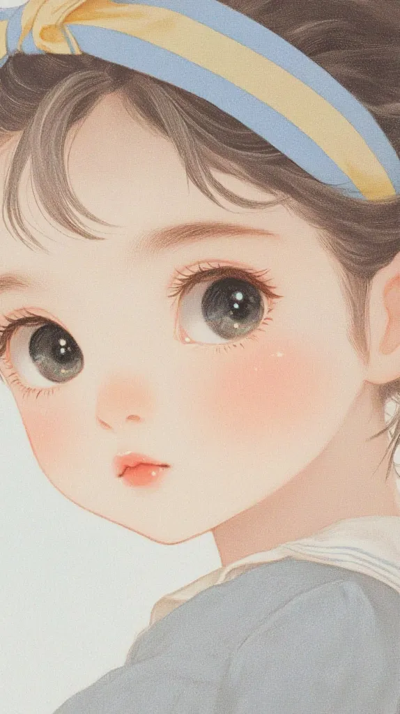 The image is a close-up portrait of a young girl with large, expressive eyes. She is wearing a blue and yellow headband and a blue and white collared shirt. The girl's face is delicate and features a slight blush on her cheeks. Her hair is brown and styled in a simple, youthful way. The overall tone of the image is soft and sweet.  The girl's expression is one of innocence and gentleness.  The light in the image is soft and diffused, highlighting the delicate features of the girl's face.