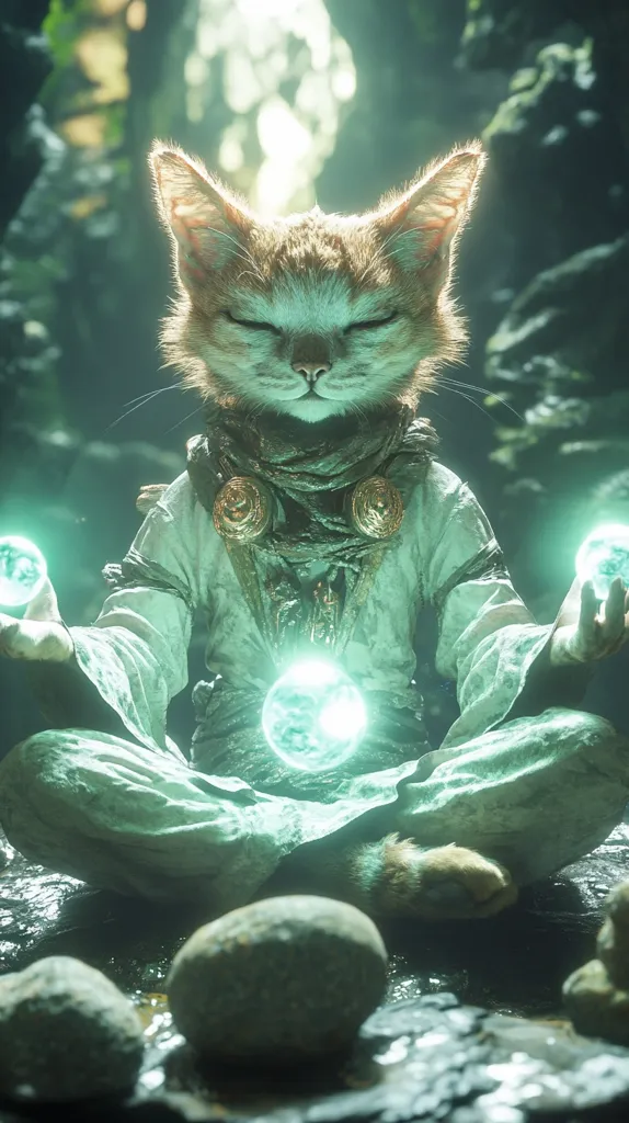 A mystical cat with a serene expression, wearing a robe, sits in a meditative pose in a lush, green forest.  The cat is surrounded by glowing orbs of light and smooth, grey stones.  The image evokes a sense of tranquility and magic.