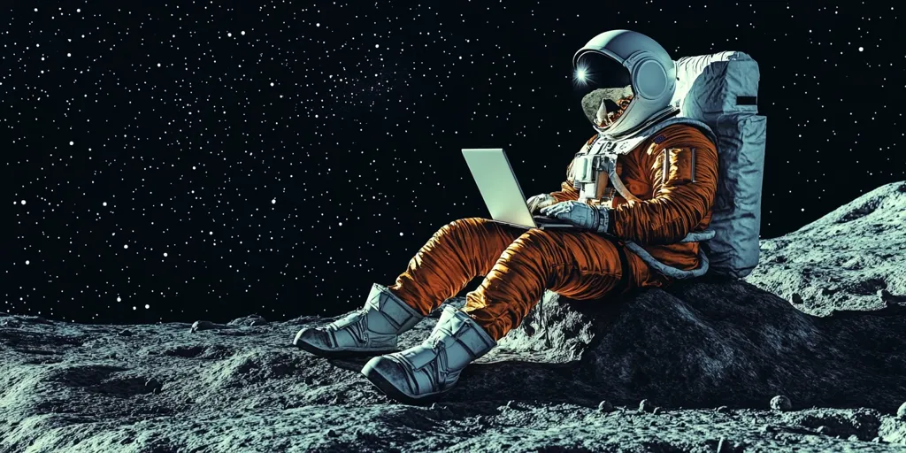 An astronaut sits on the surface of the moon, working on a laptop computer. The sky is filled with a multitude of stars. The astronaut's spacesuit is orange and white, and their backpack is strapped to their back. The moon's surface is gray and dusty.