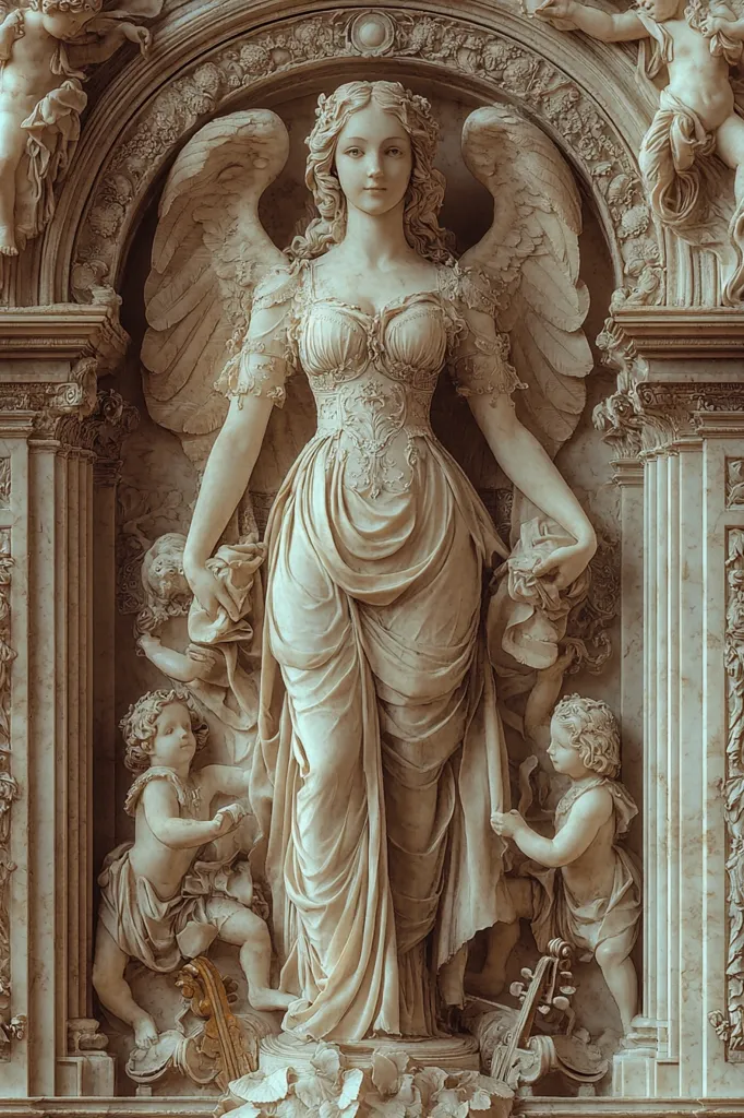 The image shows a detailed, ornate stone sculpture of a winged female figure. She is dressed in flowing robes and stands in a central niche, surrounded by intricate carvings. Two smaller figures, possibly cherubs, are positioned on either side, adding to the sense of grandiosity and artistry. The sculpture is likely a representation of a goddess or an angel, embodying beauty, grace, and spirituality. The intricate details, particularly in the drapery and the delicate features of the faces, contribute to the overall sense of reverence and artistry.