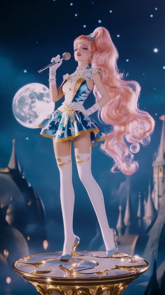 A doll with long pink hair and a blue and gold star-patterned dress sings into a microphone. She stands on a golden platform with a starry design.  Her white gloves and stockings contrast against the blue background. The doll is surrounded by a soft glow, suggesting a whimsical and magical setting. The background shows a crescent moon and a blurry castle.  She is poised and graceful.  The doll appears to be a fantasy character, perhaps a princess.