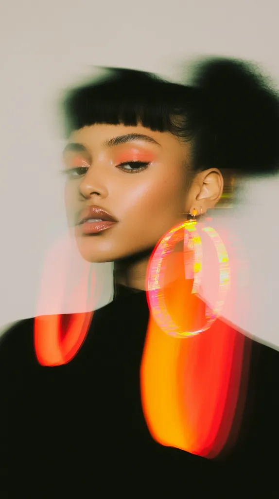 A young woman with short black hair and bright pink eyeshadow poses with her head tilted slightly to the side. She is wearing a large, iridescent hoop earring and a black shirt. The background is a blur of orange and red light. The photo has a cool and moody atmosphere, reminiscent of a fashion editorial.