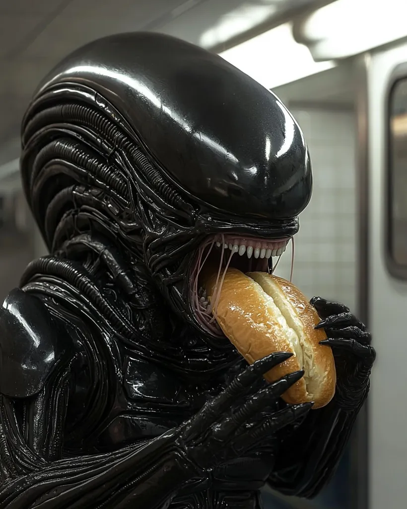 An alien creature, resembling the Xenomorph from the Alien franchise, is depicted in a subway car, holding a hot dog in its clawed hands and taking a bite. The alien's black, rubbery skin and sharp teeth contrast with the soft, golden-brown hot dog. The image creates a humorous juxtaposition of the extraterrestrial and the mundane.
