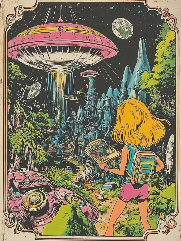 The image is a vibrant and psychedelic illustration of a futuristic landscape. A large, pink, flying saucer hovers over a lush, green jungle. A young woman with long blonde hair walks through the jungle, carrying a map and a backpack. The scene is filled with detail, including strange plants, futuristic buildings, and otherworldly vehicles. The overall tone is one of adventure and wonder.