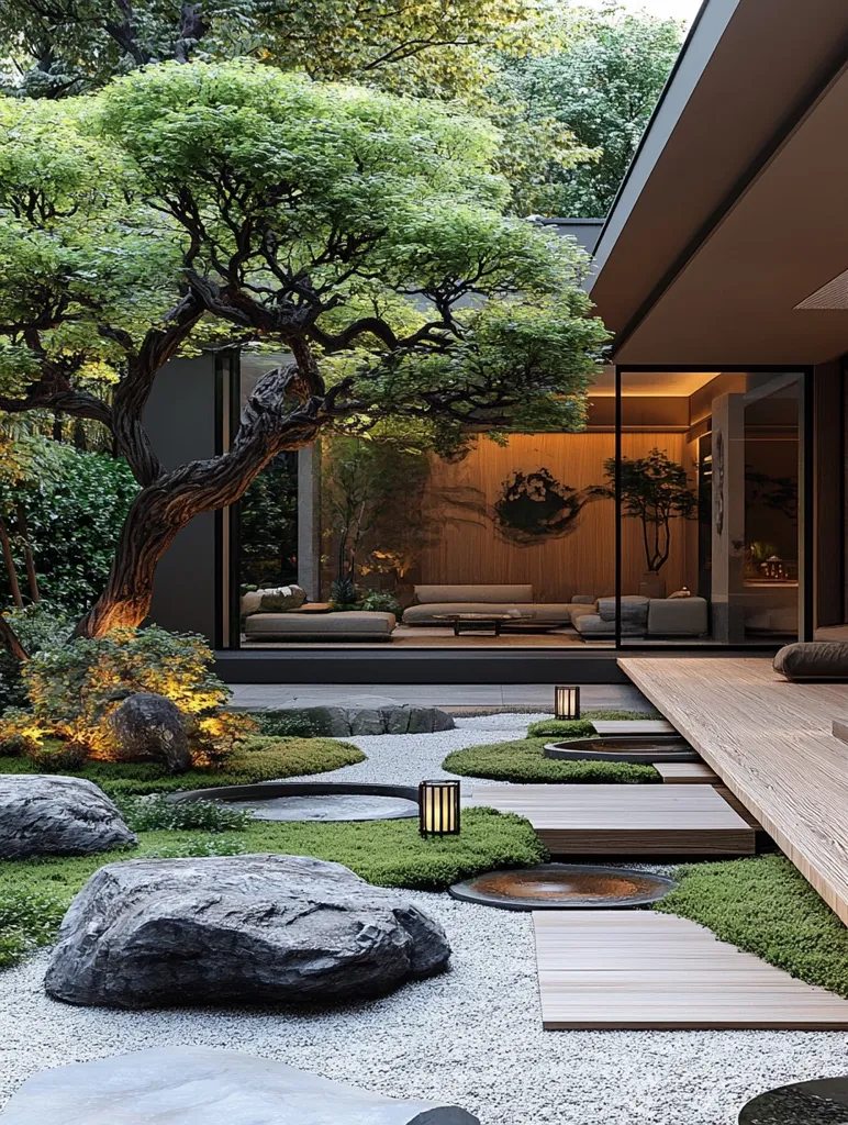 A tranquil Japanese garden with a large tree, white gravel, moss covered rocks, and wooden paths leading to a modern home with large windows.  The garden is lit with lanterns and has a serene atmosphere.  The design blends nature with architecture.  A large rock in the foreground leads the eye to the entrance of the home.