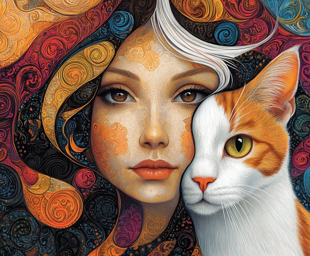 The image is a surreal painting featuring a woman's face and a cat's face partially overlapping. The woman's face is soft and delicate, with long white hair flowing behind her. The cat's face is bold and curious, with bright yellow eyes. The background is a swirling mass of vibrant colors and intricate patterns, creating a dreamlike atmosphere. The painting blends realism with fantasy, suggesting a connection between the human and animal world.