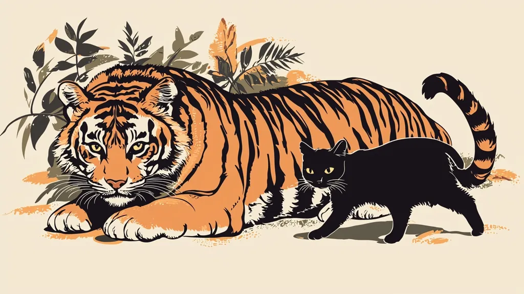 A large, orange and black striped tiger lies on its belly, its head turned to look directly at the viewer. Behind the tiger, a small black cat walks past with its tail curled in a circle. The background is a light beige with stylized plants and leaves in dark brown and orange. The image has a simple, stylized aesthetic.