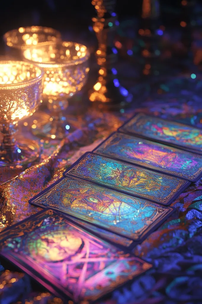 A spread of tarot cards lays on a shimmering, purple cloth, illuminated by the soft glow of candles. The cards are ornate with intricate designs and a rainbow of colours. The scene is mystical and enchanting, suggesting a reading or a moment of divination.  The blurred background features a candlelit stand, adding to the ambiance of mystery and intrigue.