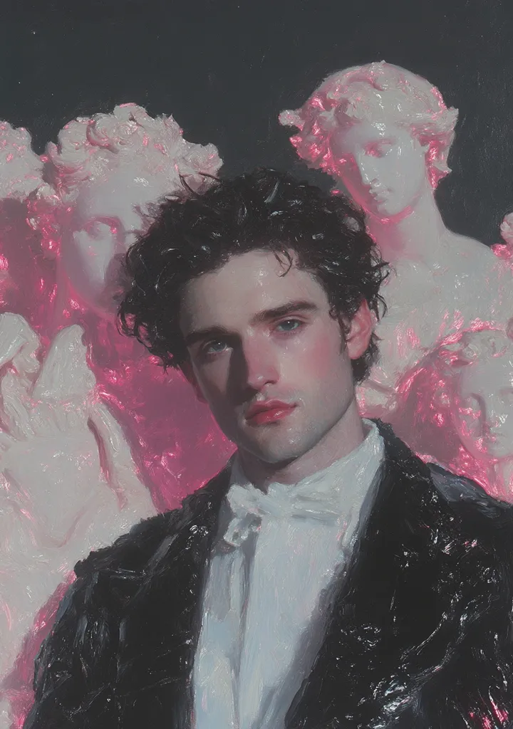 The painting depicts a young man with dark hair and a white shirt, standing in front of two female figures, presumably statues, with a pink glow emanating from them. The man's expression is serious, and the background is dark and shadowy, creating a sense of mystery and depth. The painting is done in a realistic style with visible brushstrokes, giving it a textured quality. The use of light and shadow adds to the dramatic effect.
