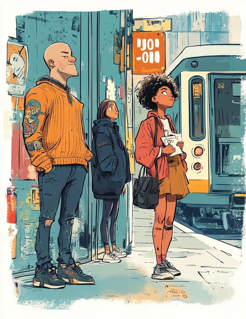 The illustration depicts three individuals waiting at a train station. A man with a shaved head and a bright orange sweater stands next to a young woman with dark hair and a black jacket. A woman with a curly afro and a bright red jacket holds a folder and looks towards the train that has just arrived. The scene is rendered in a graphic style with bold colors and outlines.