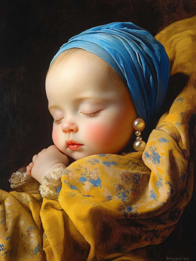 The painting depicts a young girl, possibly a baby, with rosy cheeks and closed eyes, wearing a blue headscarf and a yellow dress with a floral pattern. She is asleep, her hands clasped together, and a large pearl earring adorns her ear. The background is blurred, creating a soft and intimate atmosphere. The composition emphasizes the girl's delicate features and the warmth of her sleep. The artist's use of light and shadow creates a sense of depth and realism.
