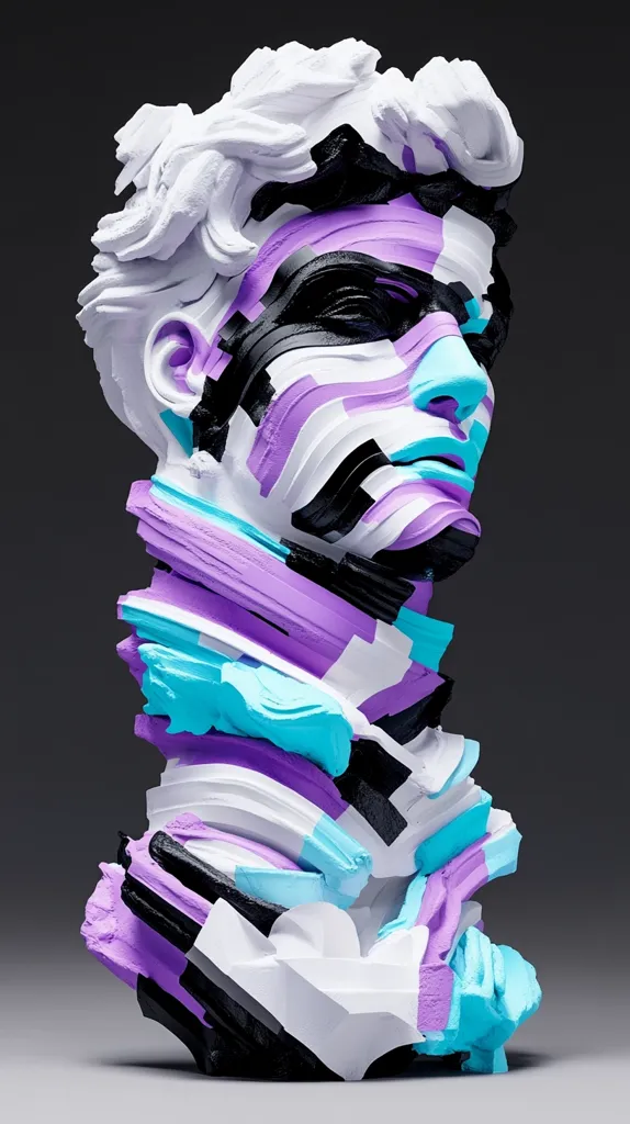 A white bust of a man's head with short hair is painted in an abstract pattern of black, purple, and blue. The piece is angled with the face facing to the left, but the bust is fragmented. The colors are layered and overlapping, creating a sense of movement and depth. The sculpture is isolated against a gray background.  The sculpture is likely contemporary and abstract, with a focus on form and color. The fragmented nature of the bust suggests a sense of disruption or deconstruction.