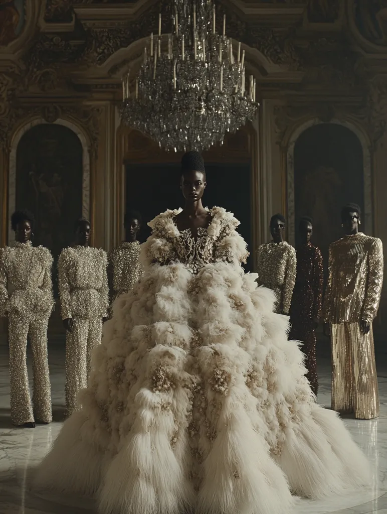 A group of models, all wearing ornate, sequined and feathered gowns, stand in a grand, opulent room. The central model, a Black woman with short hair, wears a voluminous, white feathered gown with intricate beading and embroidery. The room is adorned with ornate chandeliers and a marble floor, creating a luxurious atmosphere.  The photograph captures the grandeur of high fashion and the beauty of a diverse group of models.