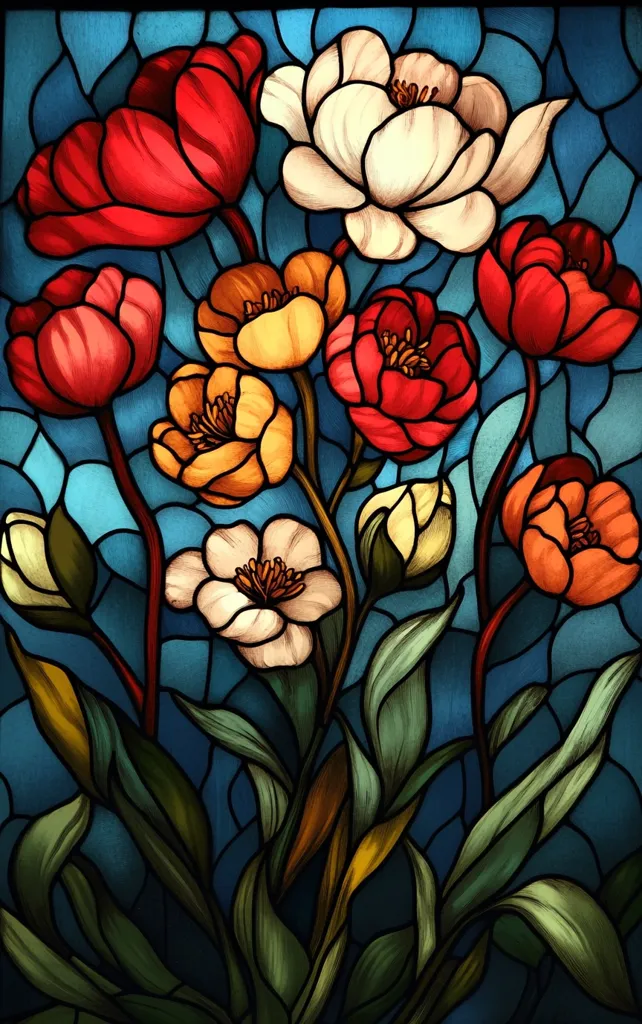 This image shows a stained glass window depicting a bouquet of flowers. The flowers are a mixture of red, yellow, white and orange, and they are set against a blue background. The leaves are green and the stems are brown. The image is stylized and has a flat, two-dimensional quality.