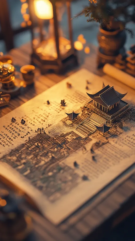An open book rests on a wooden surface, illuminated by a warm, golden glow. The pages are filled with intricate black ink drawings depicting a miniature city scene, with a prominent temple at the center. The image evokes a sense of history, storytelling, and craftsmanship. The book's worn edges and the soft light suggest that this is a cherished and well-loved object.  A lamp and a potted plant add depth and ambiance to the scene.