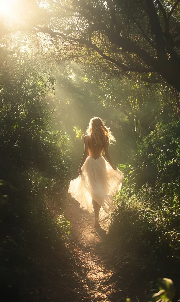A woman in a flowing white dress walks down a sun-dappled path in a lush forest. The sun shines through the trees, casting a magical glow on the scene. Her long, flowing hair trails behind her as she disappears into the foliage. The image evokes a sense of mystery and enchantment, with the woman appearing as a figure of ethereal beauty.