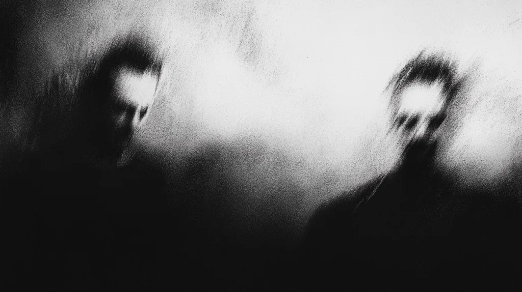 The image is a black and white photograph of two people, their faces obscured by a grainy, pixelated effect. The figure on the left is partially visible, while the figure on the right is almost completely obscured. The image evokes a sense of mystery, anonymity, and possibly fear or sadness.  The grainy texture adds to the eerie and unsettling atmosphere.