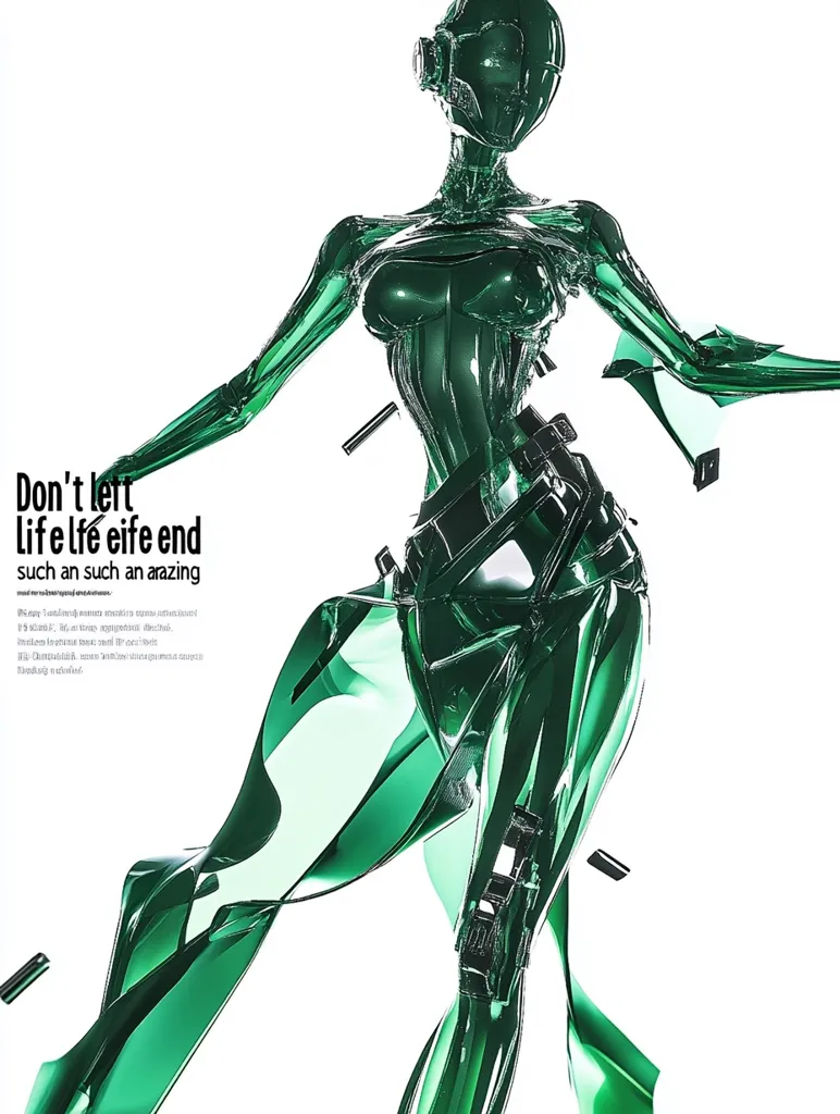 A green, metallic, humanoid figure stands in a dynamic pose with its arms outstretched. The figure is made of a smooth, reflective material, giving it a sleek and futuristic appearance. The background is white, highlighting the figure's bold silhouette. The image has a strong sense of movement and energy, conveying a sense of power and determination.  The figure is framed by the text "Don't let life life eife end such an such an arazing," which adds a mysterious and intriguing element to the scene.