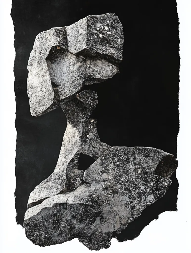 A black and white photo of a rock formation. The rock appears to be cracked and broken, with several large pieces stacked on top of each other. The background is black, with a white border around the image. The rock appears to be weathered and eroded, with a rough texture. The lighting is harsh and dramatic, casting sharp shadows.  The image is abstract and minimalist, with a sense of mystery and intrigue.