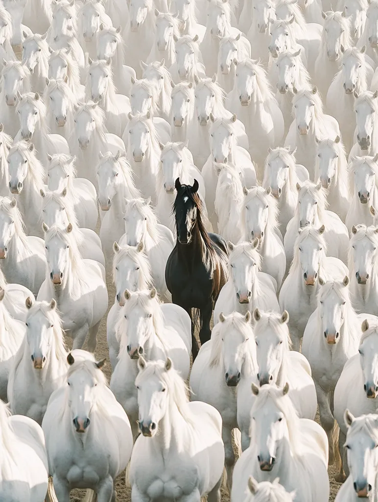 A single black horse stands out amidst a sea of white horses. The black horse is in the center of the image, and the white horses are all around it. The black horse has a dark mane and tail, and its coat is shiny. The white horses are all different sizes and shapes, and some of them are looking at the black horse. The image is a powerful metaphor for standing out from the crowd and being different.