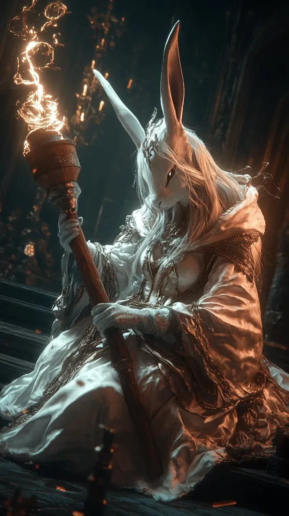 A humanoid rabbit wearing a flowing white gown and a crown sits in a dimly lit room. She holds a torch with a swirling flame, casting an ethereal glow. Her long white hair cascades around her shoulders, and she gazes intently at something beyond the frame, her expression enigmatic. The overall atmosphere is magical and otherworldly.