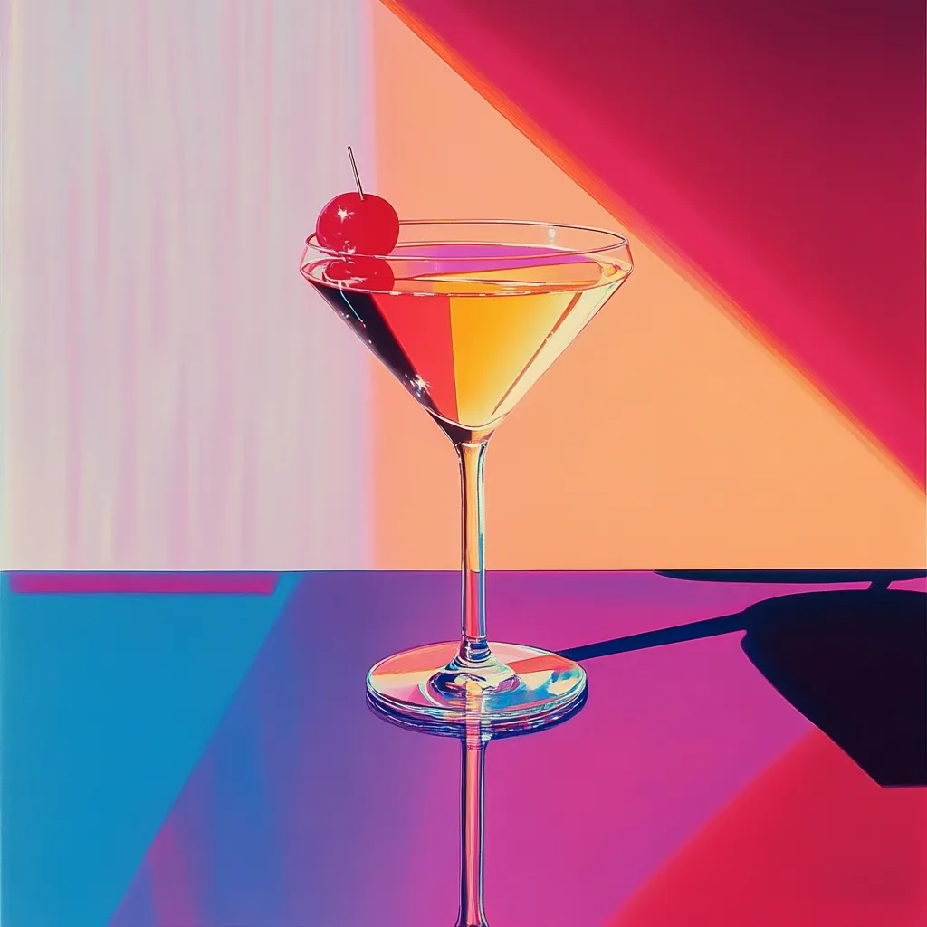 A martini glass sits on a table, filled with a golden liquid.  The glass is decorated with a red cherry. The background is a vibrant mix of pink, orange, and blue, creating a dynamic and playful setting for the drink. The glass casts a shadow on the table, adding depth to the composition.  The image has a 1980s retro vibe, with its bold colours and graphic design.